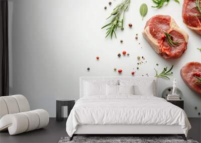 Slices of fresh raw beef with herbs, peppercorns, and sea salt on white background, top view of meat preparation for cooking gourmet steaks, culinary ingredients for a steakhouse menu concept Wall mural