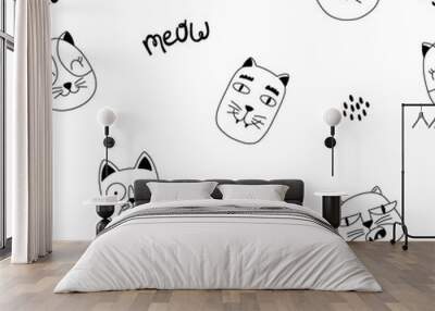 Seamless pattern with funny cat faces in hand drawn style. Outline hand drawing. Creative childish texture. Great for fabric, textile. Isolated on white background vector illustration Wall mural