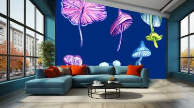 set of fantastic cosmic mushrooms and stas on blue background, watercolor hand draw illustration Wall mural