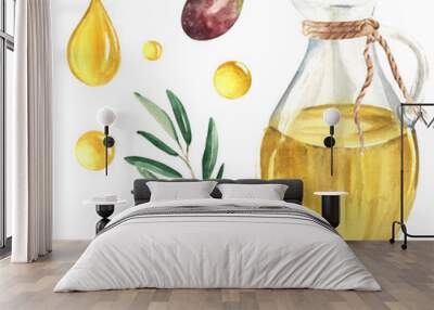 Set of olive oil open glass jug, oil drops, olive fruit and branch. Hand drawn watercolor illustration on a white background. For menu, product and italian, greek, spanish cuisine design Wall mural