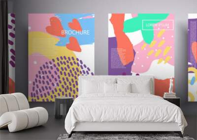 Set of vector covers of four minimalistic hand drawn illustrations of abstract shapes of colored patterns. Template for brochures, covers, notebooks, banners, magazines and flyers. Wall mural