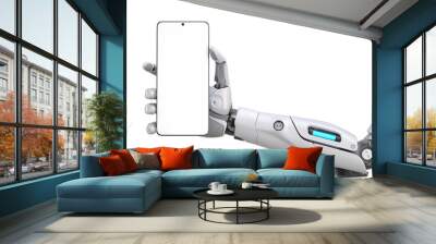 Futuristic android robot arm holding a smart phone Wall mural