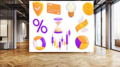 3d finance and business icons set.  Money, stock exchange, business investment, trading and finance concept. Realistic 3d high quality render Wall mural