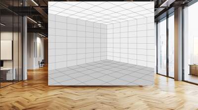 Grid perspective white room corner with gray wireframe background. Digital cyber box technology model. Vector abstract architectural template Wall mural