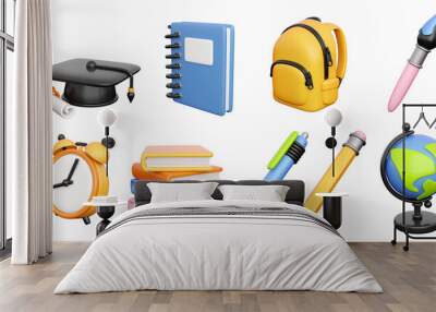 Icons set for back to school, learning and onlline education banners. School bag, notebook, writing accessories, globe, books stack, clock and graduation cap. 3d high quality isolated render Wall mural