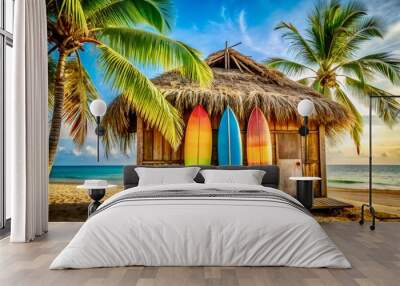 Rustic surf station with colorful surfboards on the tropical island beach Wall mural