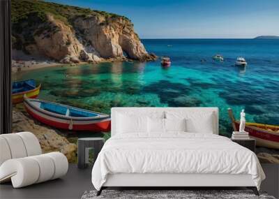 Stunning coastal scene featuring colorful boats beside rocky cliffs and clear blue water under a bright sky. Wall mural