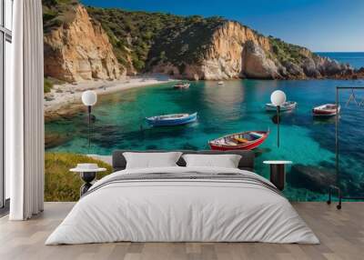 Stunning coastal scene featuring colorful boats beside rocky cliffs and clear blue water under a bright sky. Wall mural