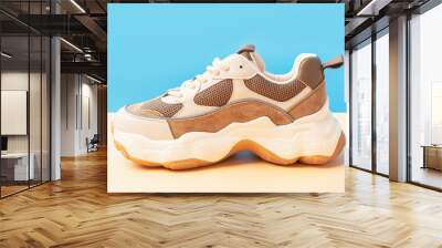 Stylish sneakers on a brown and blue background, close-up side view. Wall mural