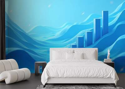 Stylized bar graph rising on soft waves in a blue abstract environment Wall mural