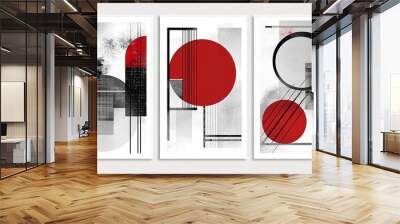 Three abstract paintings with red and black circles and lines Wall mural