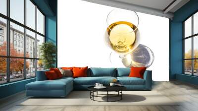 Top view of glass with white fresh wine on white background with sparkling shadows. Free copy space.  Concept of summer drinks. Wall mural