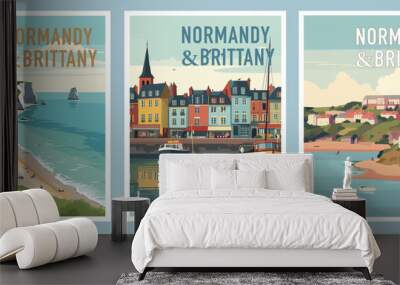 Travel retro posters Normandy and Brittany. Vector illustration for social, banner or card. Wall mural