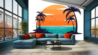 Tropical paradise emblem with palm trees and sunset, vector logo template, isolated on white background, copy space. Wall mural