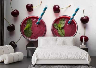 Two cherry smoothies with mint on a white background, emphasizing a healthy lifestyle and summer drinks concept. Wall mural