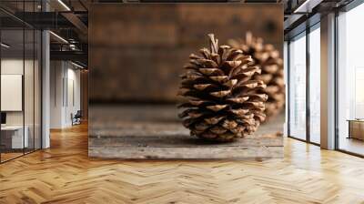 Two pine cones on rustic wooden table with natural light and blurred background Wall mural