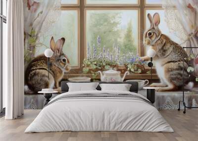 Two rabbits sitting at the window with lace curtains, lavender and wildflowers in front of them, tea set on table Wall mural