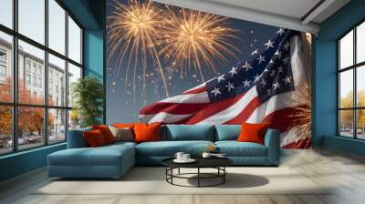 USA flag with fireworks on a white background, celebrating July 4th Independence Day, featuring ample copy space. Wall mural