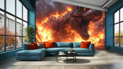 Giant dinosaur erupting from fiery lava - generative ai Wall mural