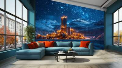 Industrial night scene under a starry sky - generative ai Wall mural