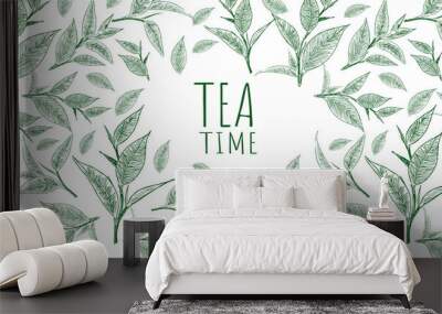 Vector background with green tea. Hand drawn.	 Wall mural