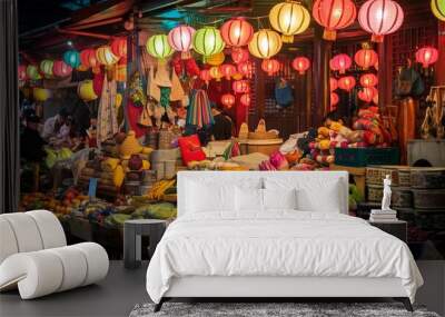 Vibrant market scene adorned with colorful lanterns, highlighting a rich cultural atmosphere and an array of artisanal products. Wall mural