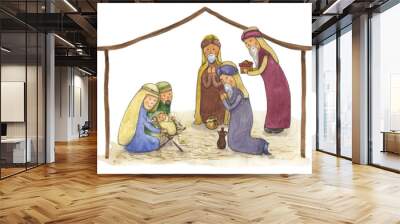 Watercolor drawing Christmas story. The wise men came to worship the baby Jesus and bring Him the gifts Wall mural