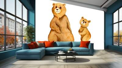 watercolor family of brown bear, sketch of cartoon adult mother bear and standing little bear cub, funny illustration on white background, for children posters Wall mural