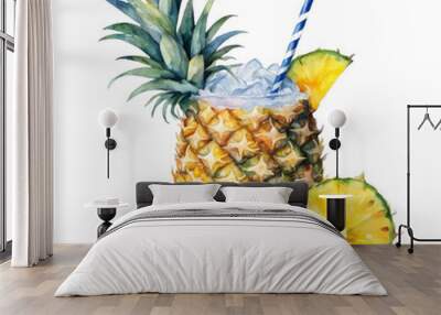 Watercolor illustration of summer pina colada cocktail with pineapple. Summer beach party. Wall mural