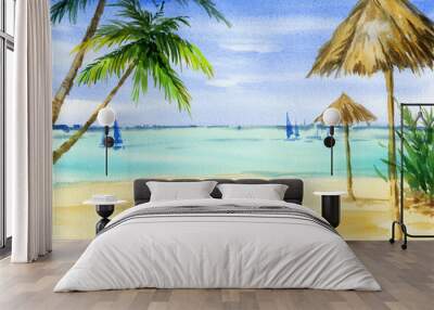 watercolour seascape, beach with umbrellas and palms, sails and yachts on the horizon, hand darwn sketch Wall mural