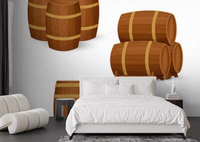 Collection of old wooden barrels in different configurations. Groups of two and three casks. Cartoon style illustration. Vector. Wall mural