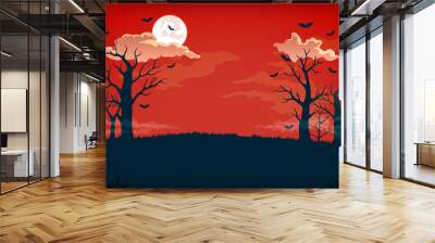 Spooky red and dark blue night background with full moon, clouds, bats and bare trees. Wall mural