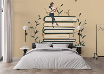 Concept:book is source of knowledge.Tiny african woman sitting on stack of books and reading book.Pile of volumes surrounded by plants as symbol of education.For library or bookstore.Hand drawn raster Wall mural