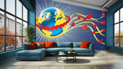 Planet Earth in ring of rad hearts.View from space Wall mural