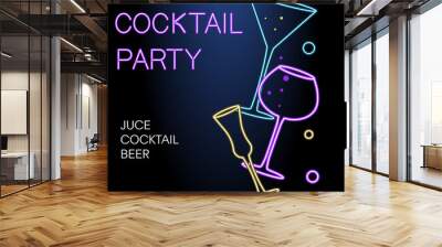 Flyer for night cocktail party. Neon sign, bright alcoholic signboard Wall mural