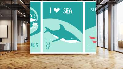 Set of Postcard I love sea in a marine style Wall mural