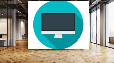 Computer pc monitor web logo icon. Round web button with monitor icon in flat style with shadow on a blue background. Vector isolated illustration. Wall mural