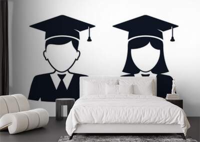 Graduate student girl and boy in square hat vector icon. Female and male in mortar hat and graduation academic wear Wall mural