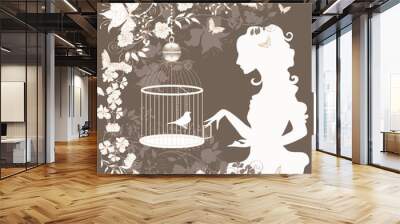 Vintage background with flowers, bird and girl silhouette Wall mural