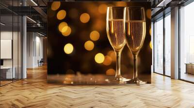 Champagne glasses on gold bokeh background Wall mural