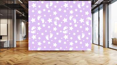 Seamless pattern with white baby feet and stars on purple background. Funny cute endless backdrop vector illustration	 Wall mural