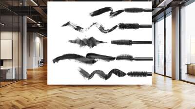 Set of various mascara brushes with mascara strokes on white background Wall mural