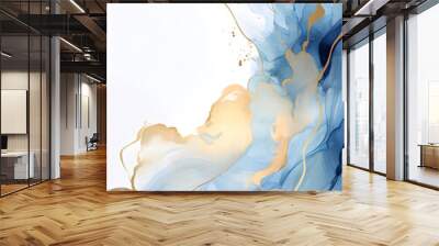 Abstract blue ink acrylic splashes background with fine golden elements lines	 Wall mural