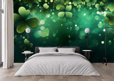 Abstract green Saint Patrick Day background with lucky shamrock leaves  Wall mural