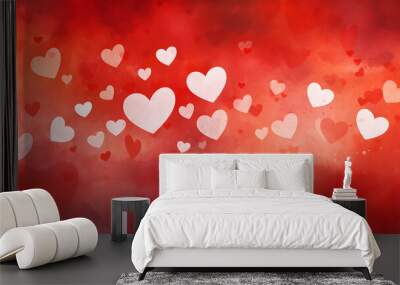 Abstract red watercolor background with white hearts Wall mural