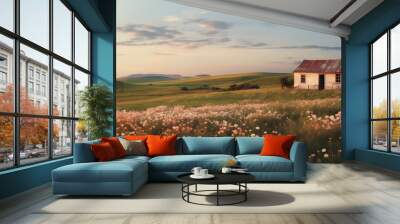 Beautiful rural landscape illustration with green summer field and blue sky Wall mural