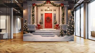 Christmas decorated front door with lights in winter  Wall mural