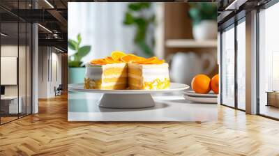 Close up of a homemade orange cake on white plate, kitchen table and blurred background  Wall mural