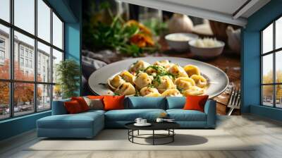 Close up of fresh cooked tortellini ravioli on white plate, wooden table and dark blurred background Wall mural