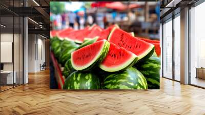 Close up of fresh red ripe watermelons pile at a selling market, blurred background  Wall mural